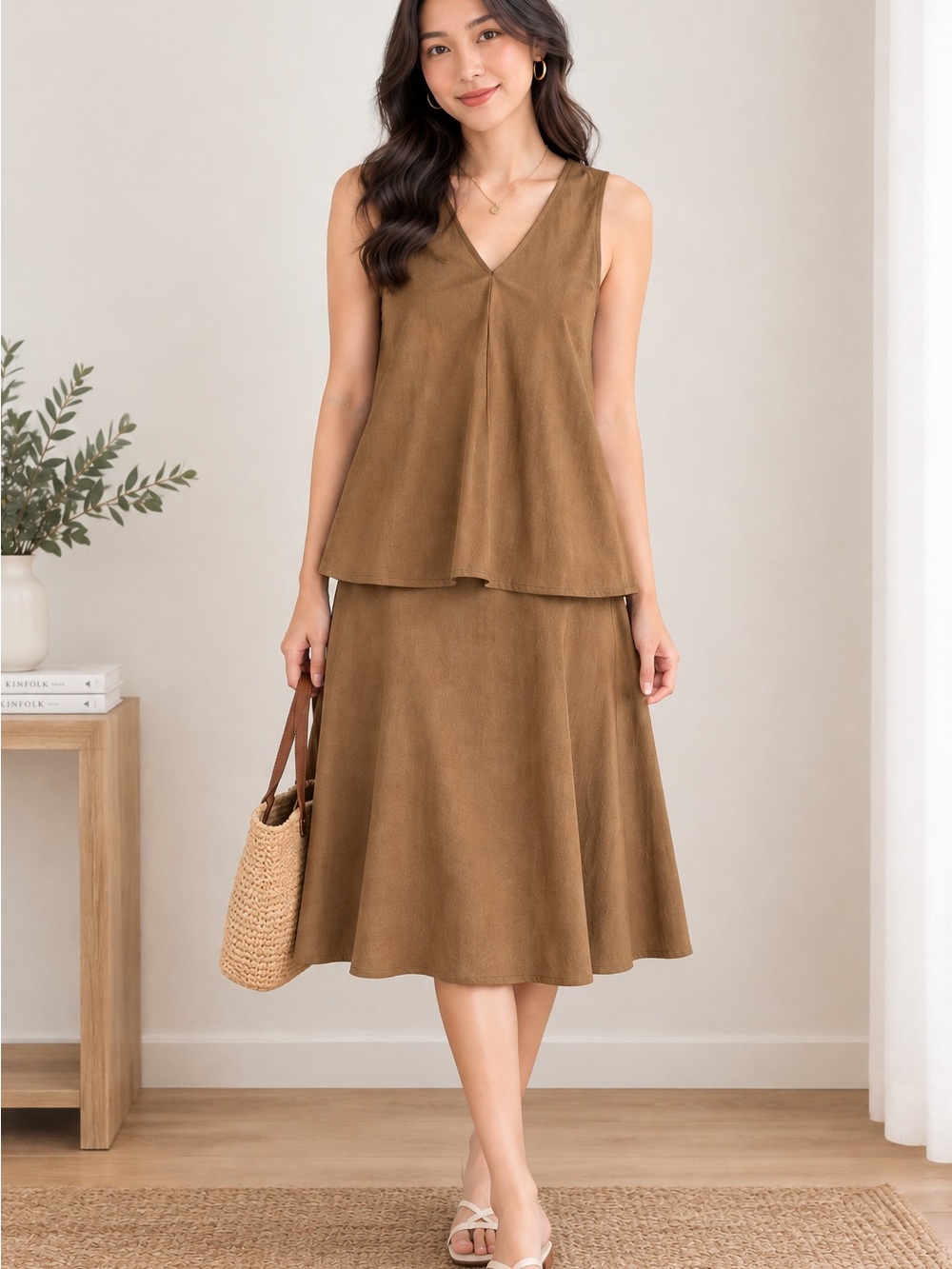 Women’s Brown V-neck sleeveless top and A-Line Skirt set, light weight, size S